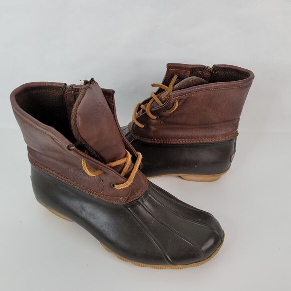 Sperry Duck Boots Girls 4 Topsides Saltwater Brown Leather Side Zip YG55362 - Picture 3 of 14